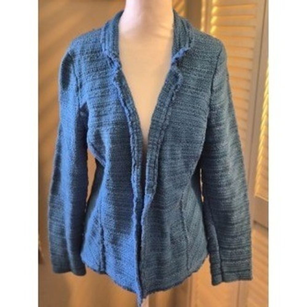 Chicos Blue Textured Open Front Cardigan Sweater Fringe Trim Size 1 US Medium